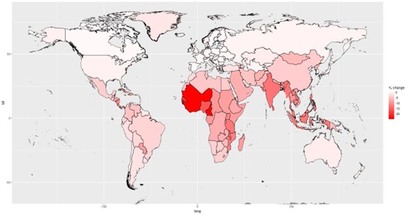 Example output from a GTAP model showing a world map with countries shaded in different saturations of red representing estimates of the fall in GDP with a 3.63°C temperature rise