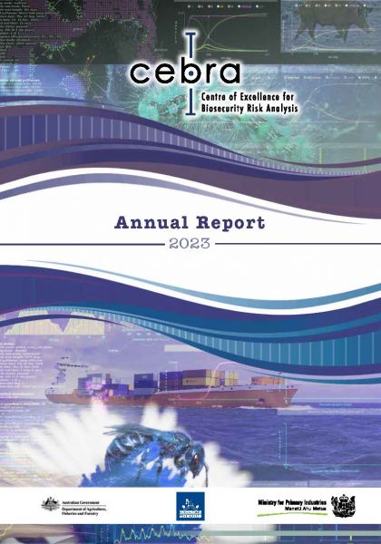 Cover page of the CEBRA Annual report 2023. A composite image with graphs and data visualisations, a feral pig and a cargo ship, as well as CEBRA and sponsor logos surround the report title